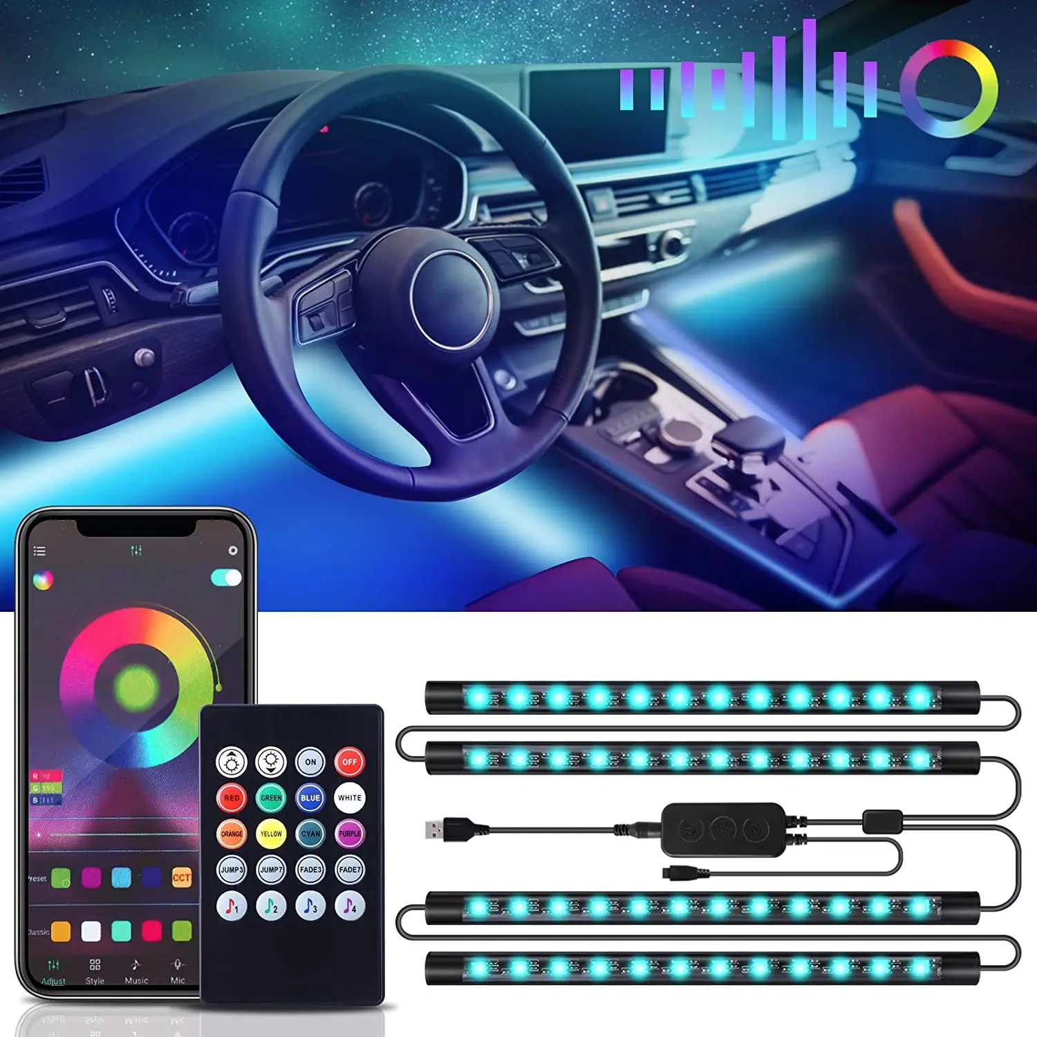 Bluetooth App Controlled 72 LED Atmosphere Light Multicolour Music Car  Strip Lamp For Car, 18 LED