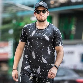 

GONTHWID Spring and summer new large size men's feather printing fat T-shirt thin section trend quick-drying short-sleeved