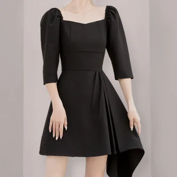 

HT7023 Elegant Black Cocktail Dresses Three Quarter Sleeves Mini Irregular Women Party Dress Mini Vestido De Noche Coctel 2020