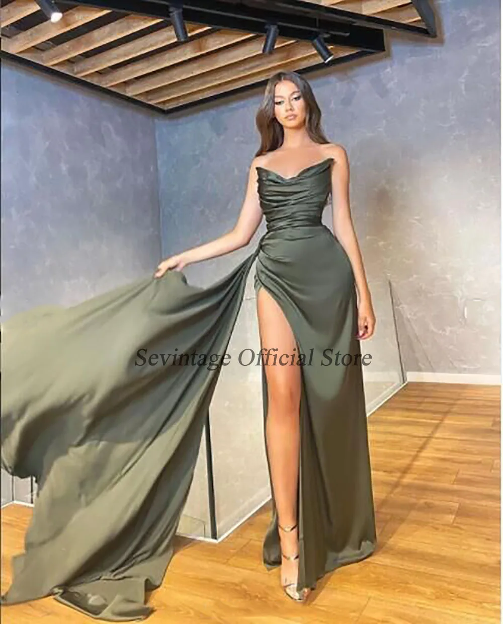 Sevintage Sexy High Side Split Evening Dresses Strapless Mermaid Soft Stain Prom Gowns Sleeveless Backless Party Dress