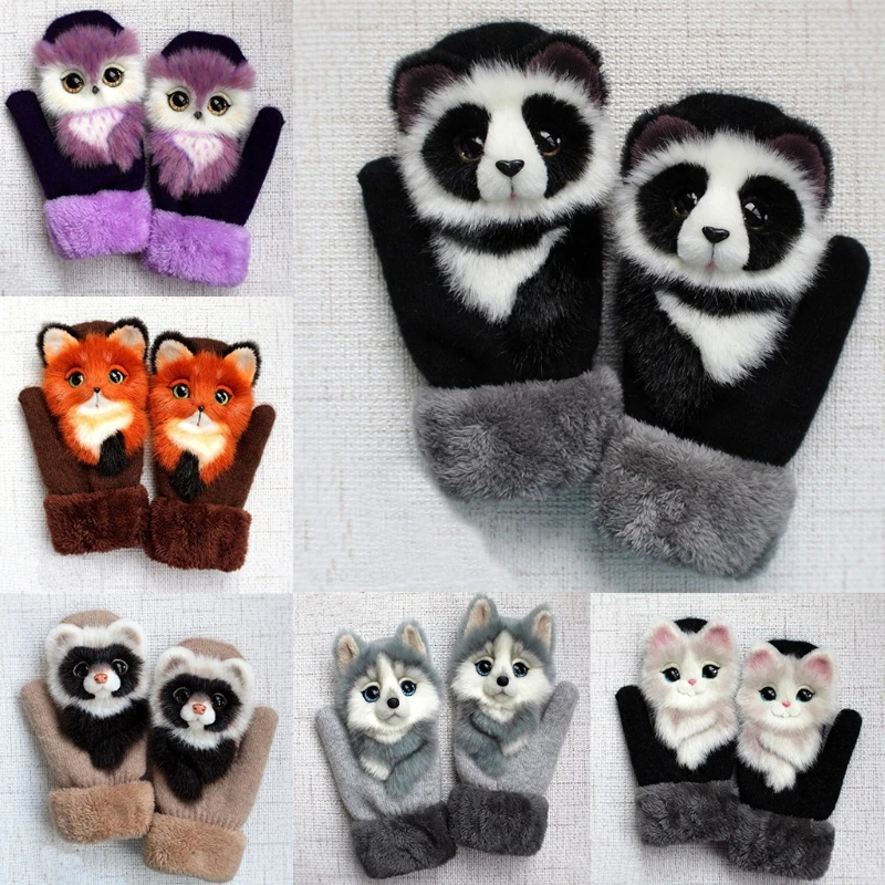Women Men Unisex Winter Knit Gloves Cute 3D Fluffy Cartoon Animal Decor Thickened Plush Lining Windproof Thermal Warm Mittens
