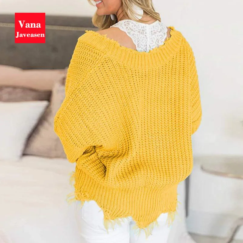 Vana Javeasen с открытыми плечами осенний свитер для женщин бахрома состаренные трикотажные женские Топы пуловер с длинным рукавом свитера