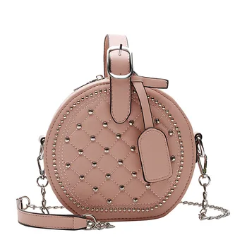 

Women Round Messenger Bags Ladies Circular Crossbody Bags with Studs Hand Bag Small PU Leather bag JS047