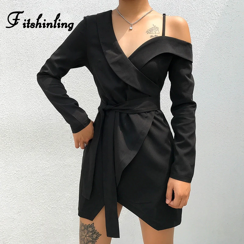 

Fitshinling Fashion Autumn Winter Dresses For Women 2019 Streetwear Long Sleeve Slim Black Vestidos V Neck Irregular Short Dress