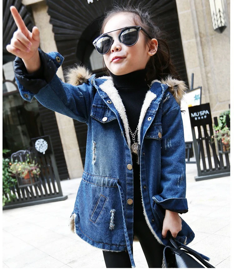 

Kids Girls Denim Jackets Children's Winter Thick Warm Coat with Fur Hooded Long Windbreaker Jacket Jean Coats Outerwear Clothing