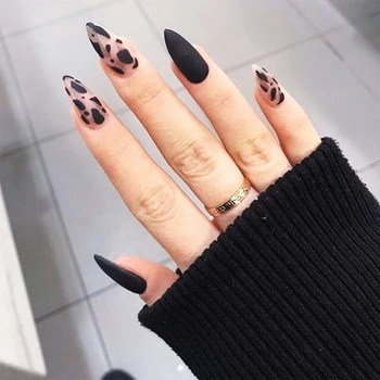 

24pcs Almond Shaped Nail Tips Black Leopard Pattern False Nails Punk Style Water Drops Fake Nails