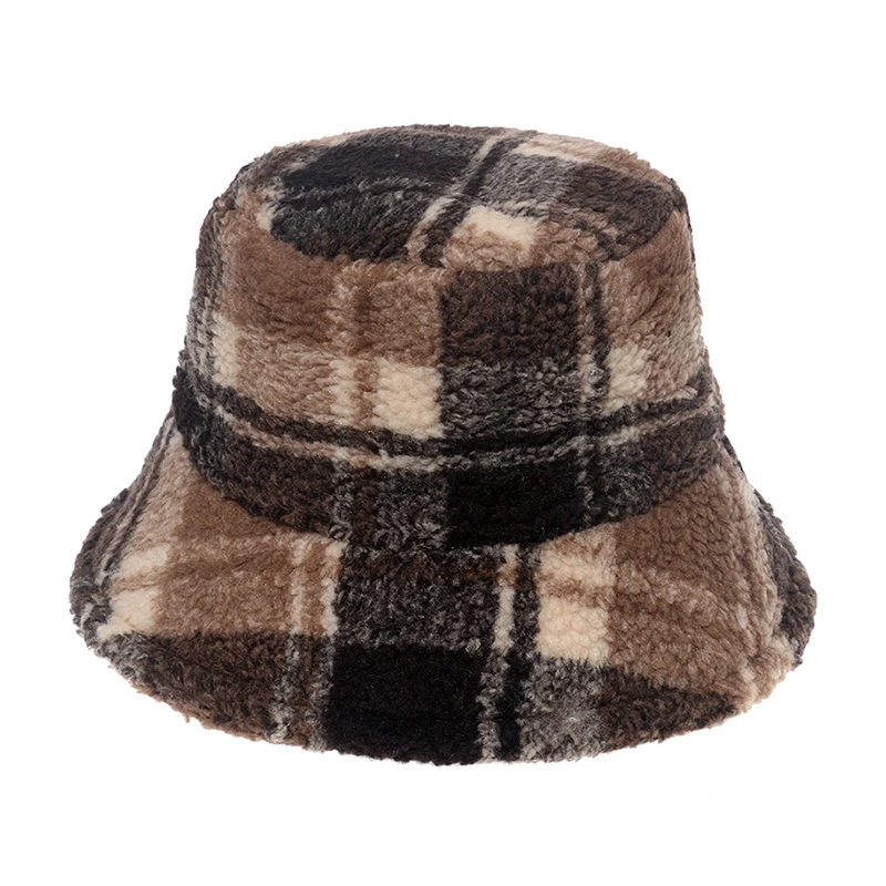 FOXMOTHER Fashion Outdoor Bob Warm Lamb Faux Fur Fluffy Fishing Caps Mens Women Winter Check Tartan Plaid Bucket Hats Ladies 4
