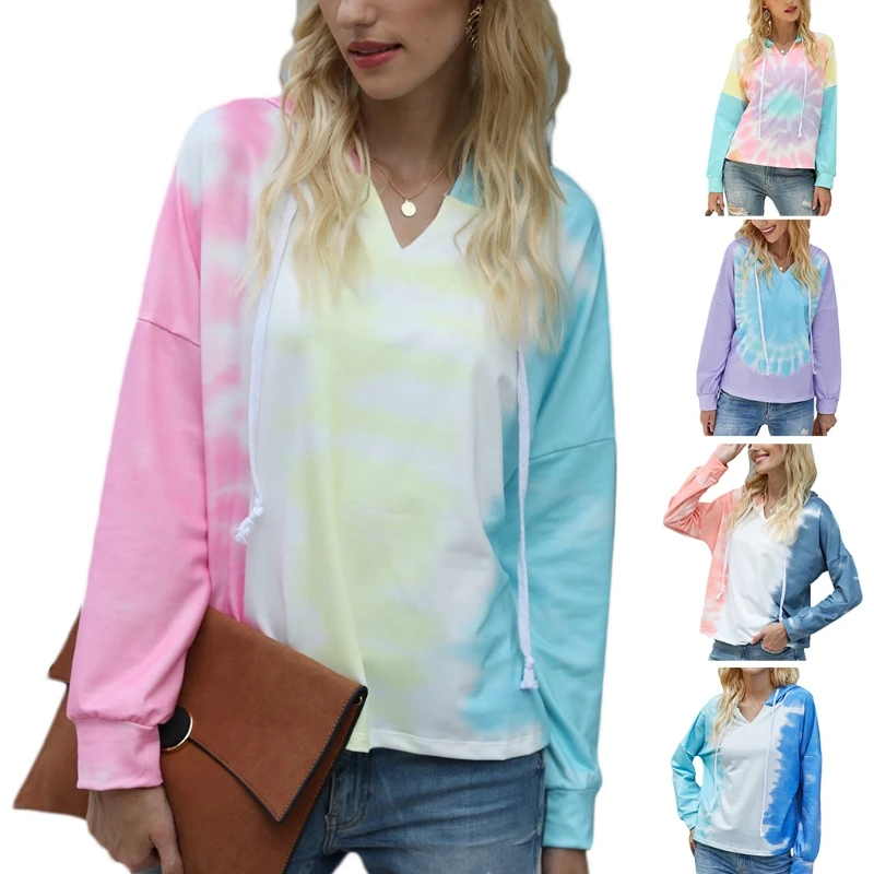 

Women Tie-Dye Colorblock Drawstring Hoodies Long Sleeve Loose V-Neck Sweatshirt