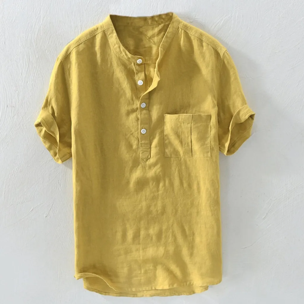 KANCOOLD-Camisa de manga corta con botones para hombre, camisa masculina de algodón de color puro con botones de cáñamo, a la moda, de talla grande, Jun2, novedad de verano