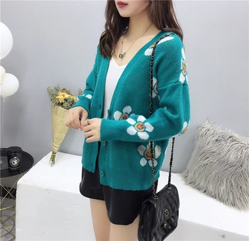 

Knit Cardigan Button V-necked Smile Face Flower One Size Short Sweater Long Sleeve Spring Autmn Chic Japan Girl Jumper C39