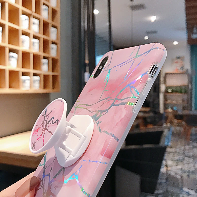 Модный ТПУ силиконовый глянцевый мраморный лазерный чехол для Iphone 11 XS Max XR X 7 8 Plus 6 6S Plus с складной держатель чехол