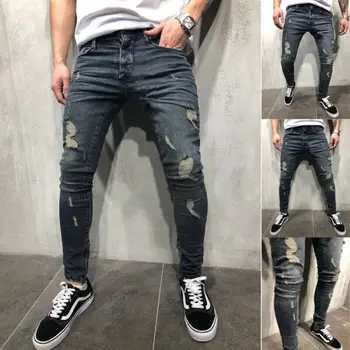 

Mens Denim Skinny Ripped Jeans Pants Casual Slim Fit Zipper Biker Jogger Trouser