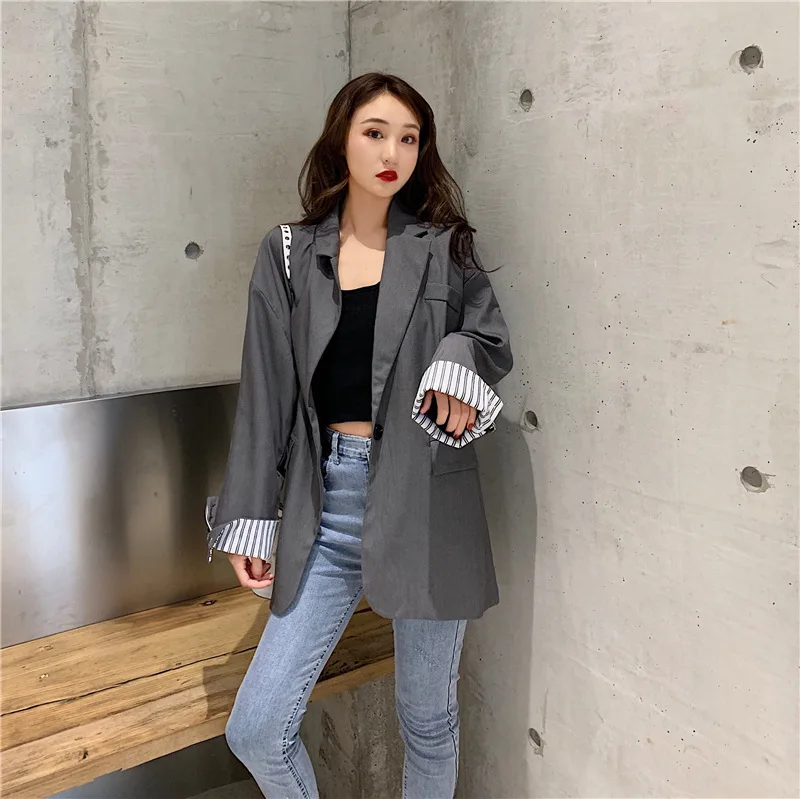 

6122 # Photo Shoot Versitile Fashion Cuff Mixed Colors Stripes Loose-Fit Fold-down Collar Suit Jacket