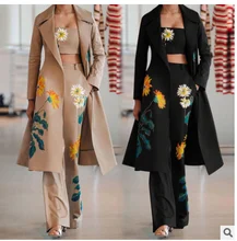 Novo terno feminino europeu e americano outono e inverno preto cáqui chamador de alta qualidade fashion longo estampa terno corta vento