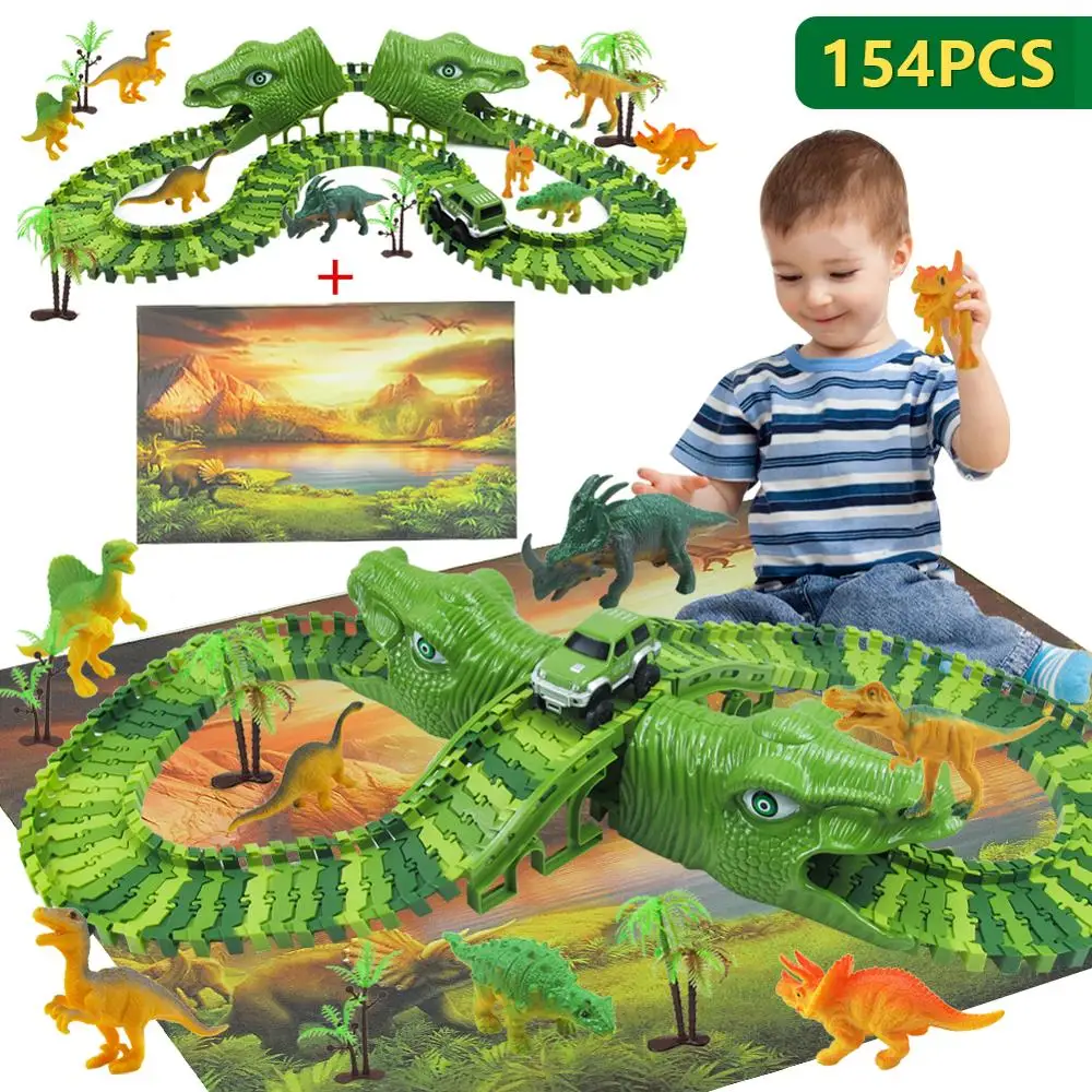 

154Pcs Dinosaur Race Track Road Railway Dinosaur Toys Set Of Cars The Magical DIY Auto Slot Car Track Chirldren Toy to children