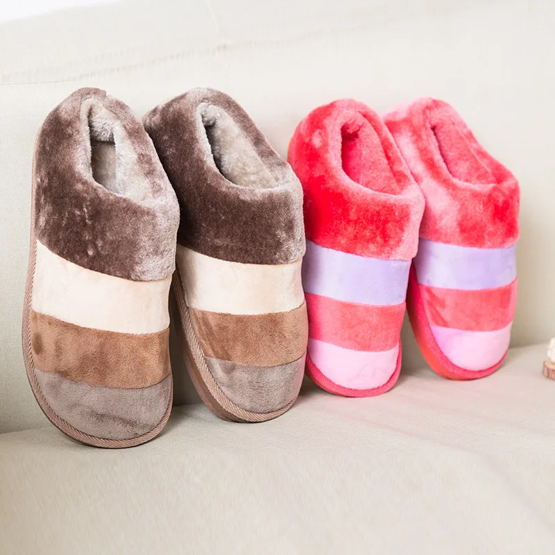 Winter Color Striped Wool Slippers Couple Home Thick Warm Men and Women Cotton Slippers House Slippers Cute Plush Women Shoes