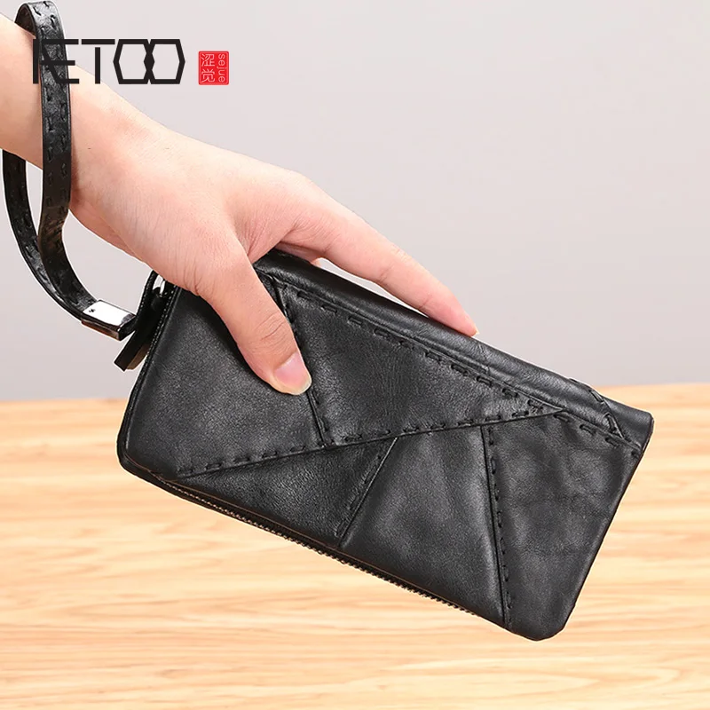 

AETOO Handbag men's leather handmade long wallet zipper men's cowhide mobile phone bag casual hand bag
