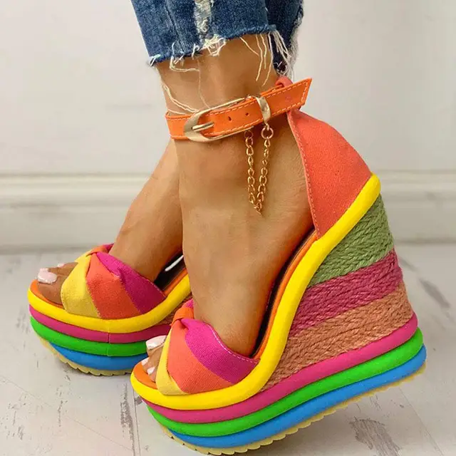 Elegant INS Hot Sale Rainbow Colorful 2021 Summer Wedges Sandals Party Platform Extreme High Heels Shoes Woman Plus Size 43 2