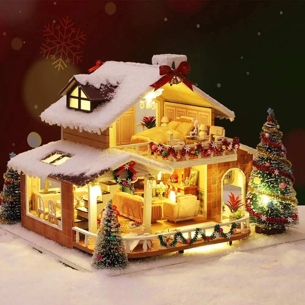 Weihnachten DIY Miniatur Haus Puppenhaus LED Geschenk Deko Modell 