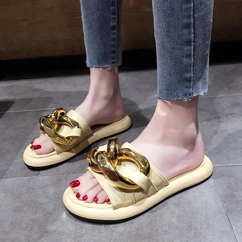 Women's Metal Chain Decor Flat Slippers, Fashion Open Toe Non Slip Patent  Leather Slides Shoes, Casual Outdoor Slippers - Temu United Arab Emirates