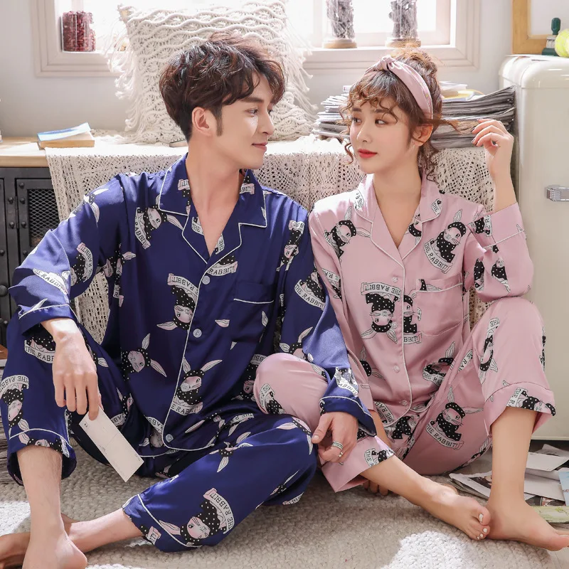 

2019 Spring Summer New Style Couples Pajamas Long Sleeve Printed Men And Women Pajamas Suit Imitated Silk Fabric Large Size Home