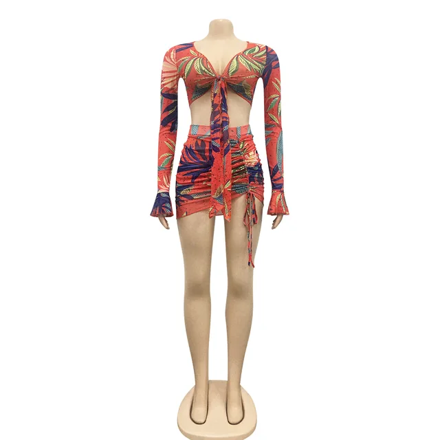 ANJAMANOR Tropical Floral Print Sheer Mesh Matching Skirt Set Sexy Beach Outfits Club Wear Two Piece Set Women 2021 D42-CG17 3