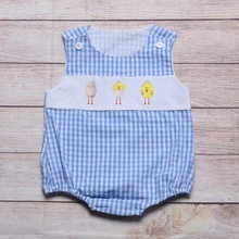 

Summer Clothes Boy Blue Plaid Sleeveless Easter Three Broken Shell Chicks Embroidered Pattern Toddler Romper
