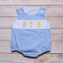 Barboteuse à carreaux bleu pour garçon, vêtements d'été, sans manches, trois coquilles cassées, motifs brodés 