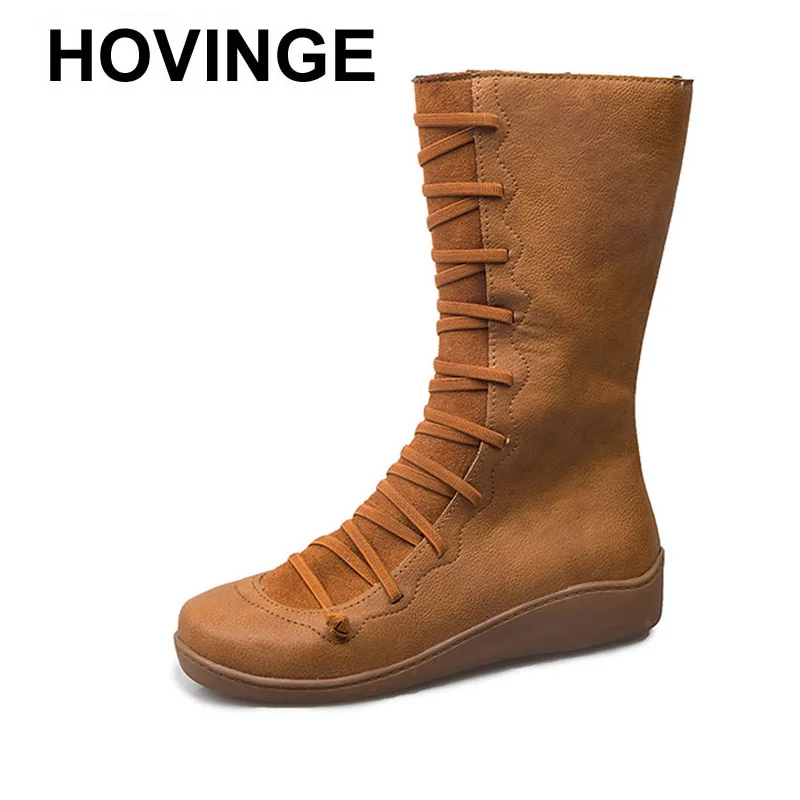 HOVINGEWomen осенние сапоги средней длины из искусственной кожи на плоской подошве с