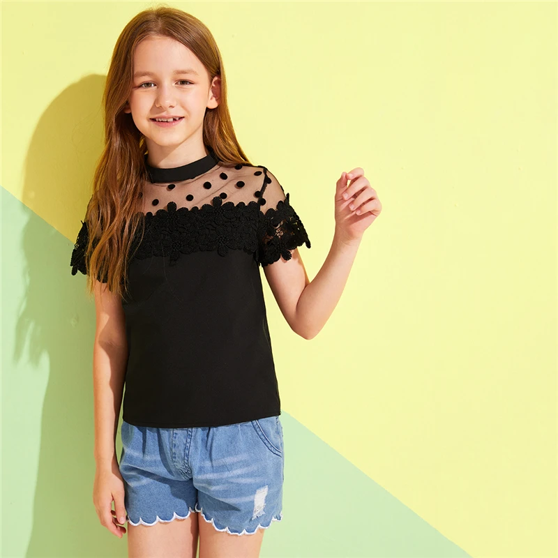 SHEIN Kiddie/Милая однотонная блузка с воротником-стойкой и оборкой для девочек детская одежда г., летний рукав-волан, топы с оборками на пуговицах сзади