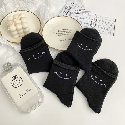 

Black socks with rolled edges female socks cute cartoon Smile Student Tube Socks