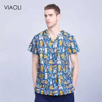 

2019 summer Scrub tops new fashion V-neck men's beauty salon dental clinic work clothes suit doctor nurse uniform blue dog