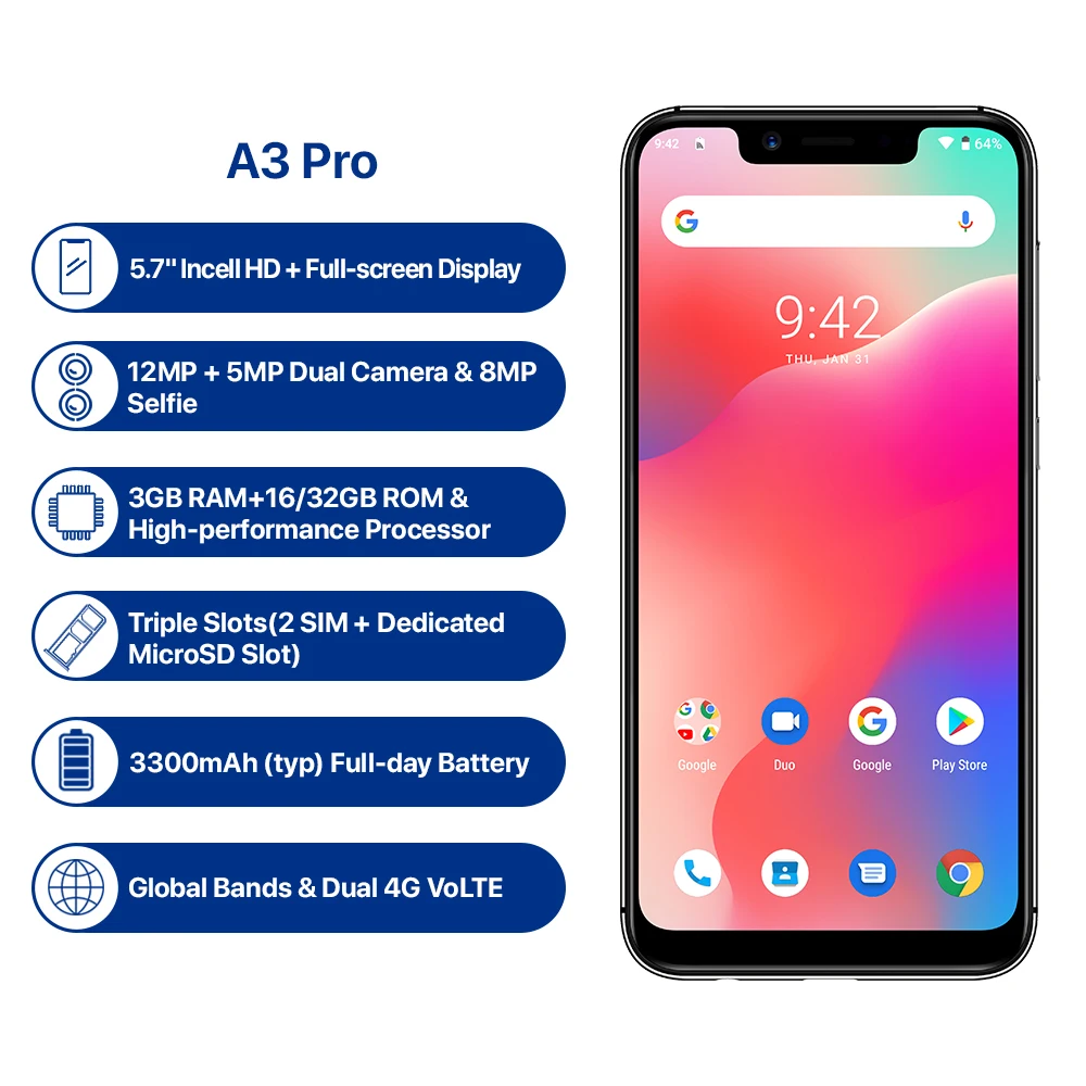 UMIDIGI A3 Pro Global Band Android 9,0 5," 19:9 полноэкранный мобильный телефон 3 ГБ+ 32 ГБ 12 Мп+ 5 Мп разблокировка лица двойной 4G смартфон