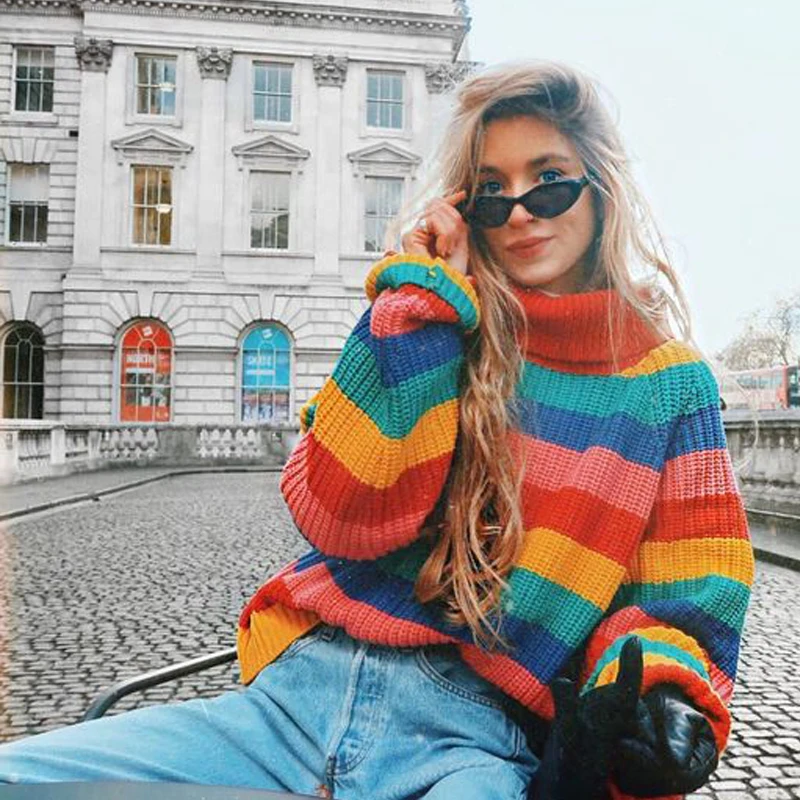 

Women Rainbow Turtleneck Sweaters Women Winter Jumpers Knitted Clothes Fashion Striped Oversized Pullover Sweater S559
