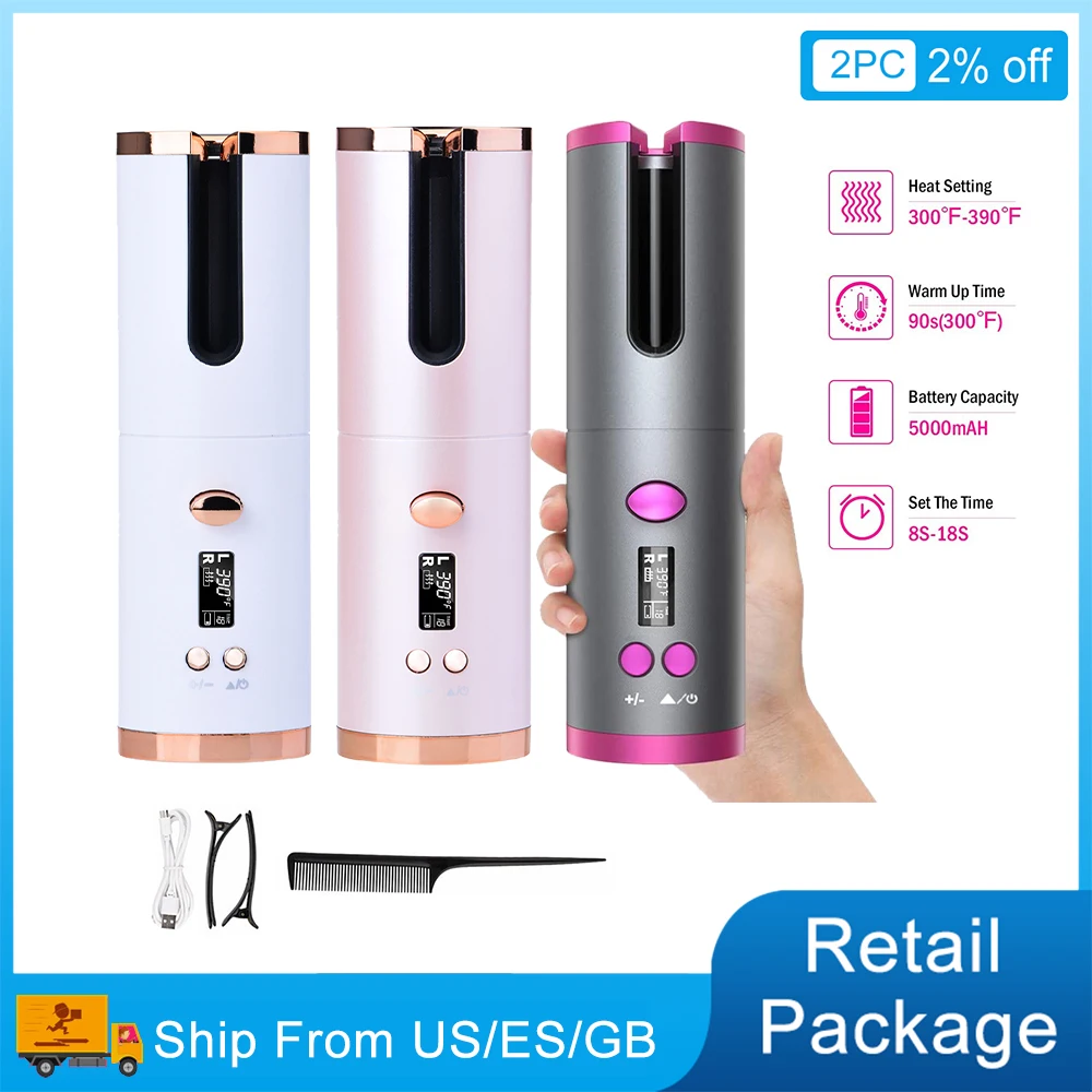 Wireless Automatic Hair Curler USB Rechargeable Curling Iron LCD Display Cordless Auto Rotating Curly Waves Machine Hair Styler