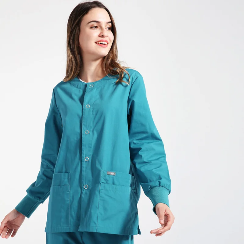 New Women Men Medical Jacket Uniform Warm-Up Jackets Coat Scrub Sets Nursing Uniforms Snap Front Knit Cuffs Surgeon Work Outfits