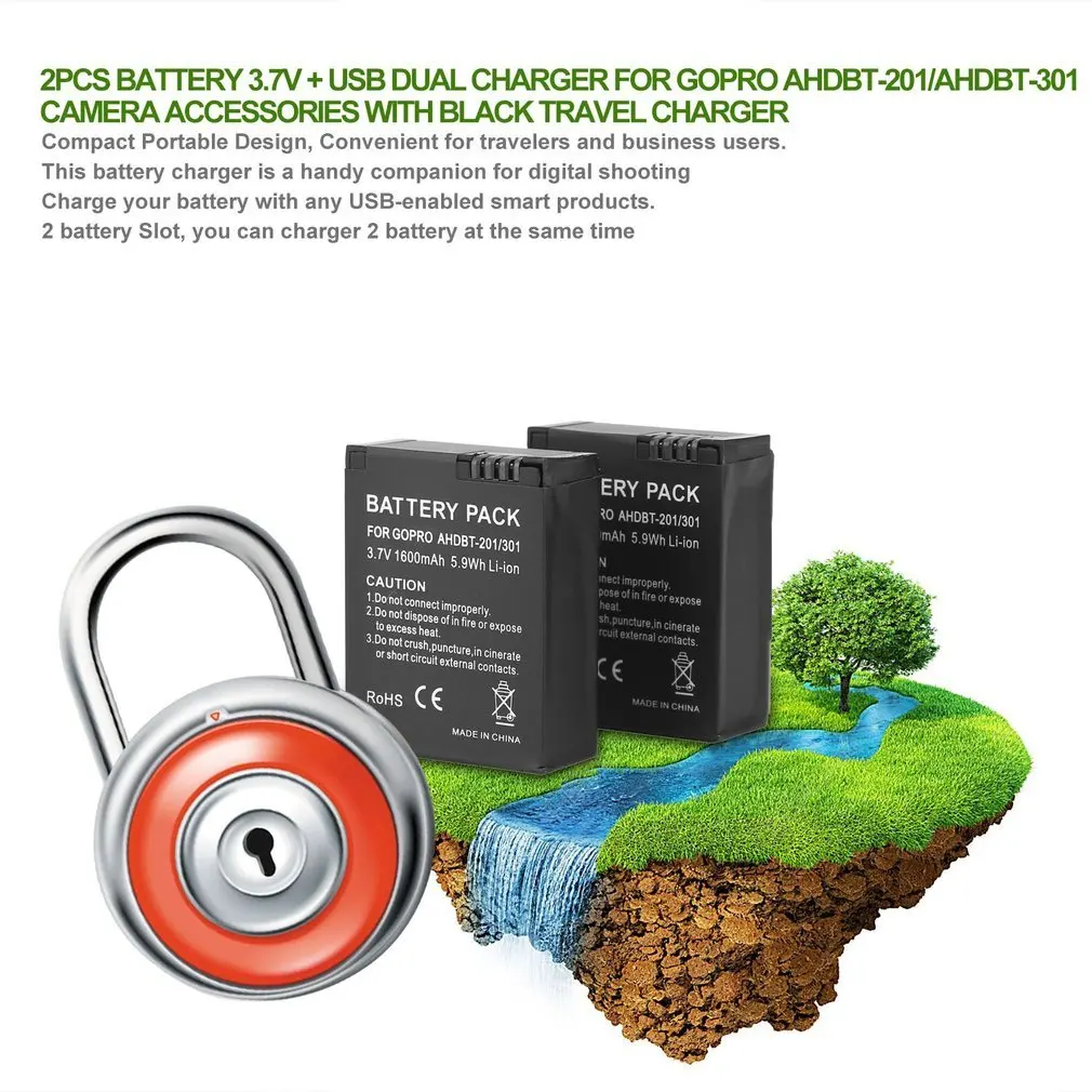 2 шт. Аккумулятор для камеры 3,7 в+ USB двойное зарядное устройство для Gopro Hero 3/3+ AHDBT-201/AHDBT-301 аксессуары для камеры с черным зарядным устройством для путешествий