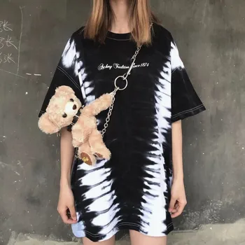 

NiceMix Tie-dye hit color short-sleeved t-shirts students new letters Printing hip-hop streetwear men women summer loose T-shir