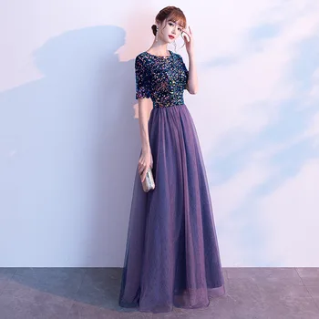 

Formal Evening Dresses Colorful Sequins Top A Line Party Vestidos O-Neck Half Sleeve Robe De Soiree Zipper Back Women Dress K247