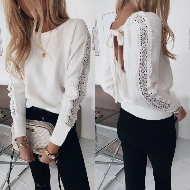 

Women Sweater Lace Patch Flannel White Winter Sweaters Hollow Long Sleeve Plush Soft Sweater Back Bow Autumn Casual Jumper