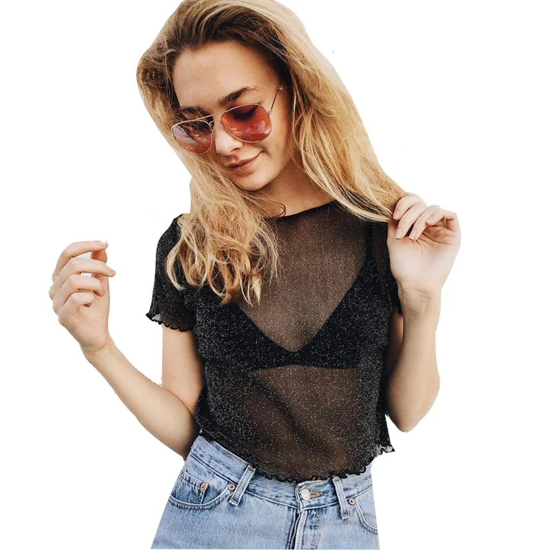 

Summer Women Sexy Shiny Short Sleeve Net Yarn Perspective Blouse 2019 New Beach Solid Bling Shirt Top Blouse Clubwear