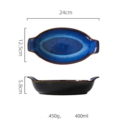 ANTOWALL Klin Blue Boat shaped plate ceramic long fish bowl baking cheese bowl dish - Цвет: S