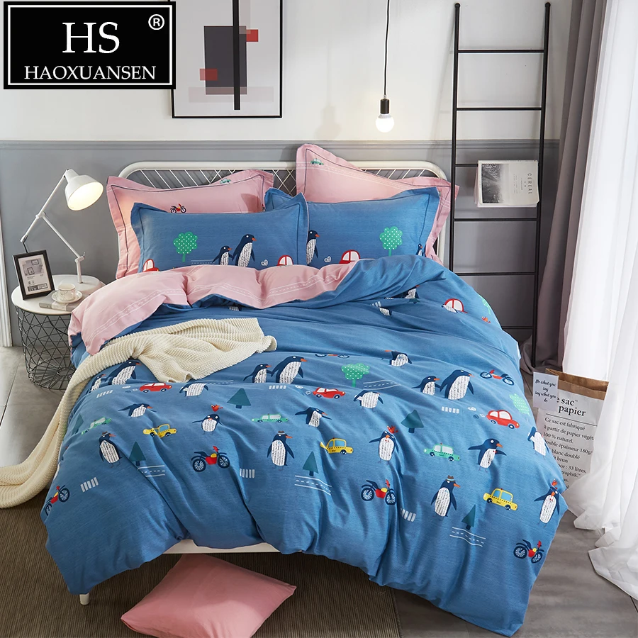 

4 Pieces Penguin Motif Sanding Cotton Bedding set Blue Super Soft Cartoon Quilt Cover Set Bed Linen Queen King Size