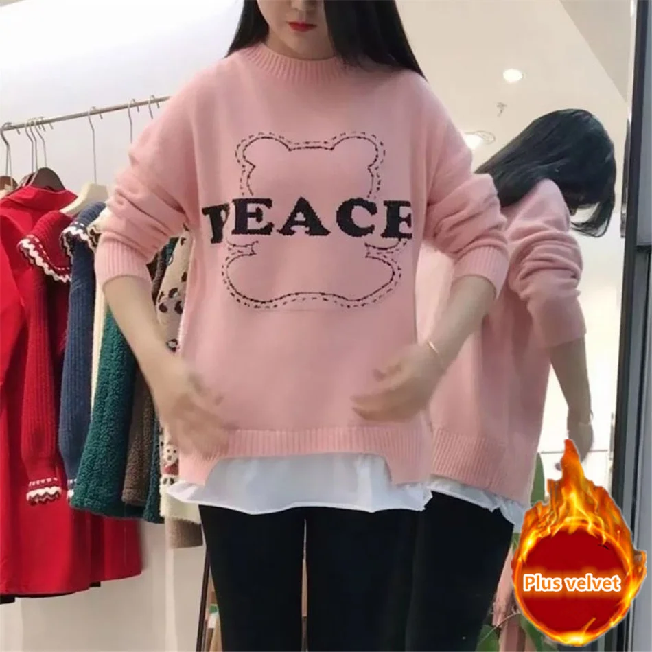 Autumn Winter Plus Velvet Women Letter Little Bear O-Neck Letter Pullover Sweater All-Match Korean Warm Tops TT0953 turtleneck Sweaters