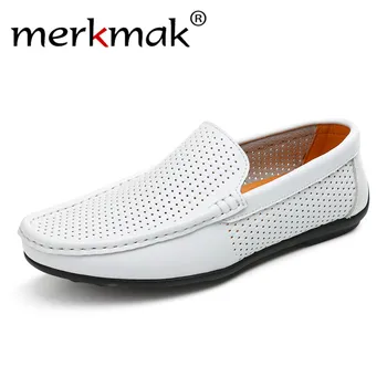 

Merkmak Summer Breathable Hollow Loafers Mens Genuine Leather Moccasins Flats Casual Non-slip Driving Shoes Lightweight Shoes