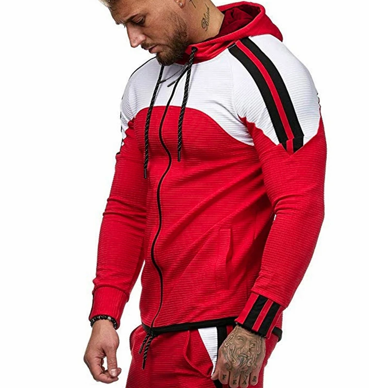 Red Hoodie Men Мужские толстовки Мода 3D полосатая куртка на молнии Боковой трек тонкая толстовка с длинными рукавами для мужчин сплошной цвет спортивный костюм хип хоп - Цвет: Red Hoodie Men