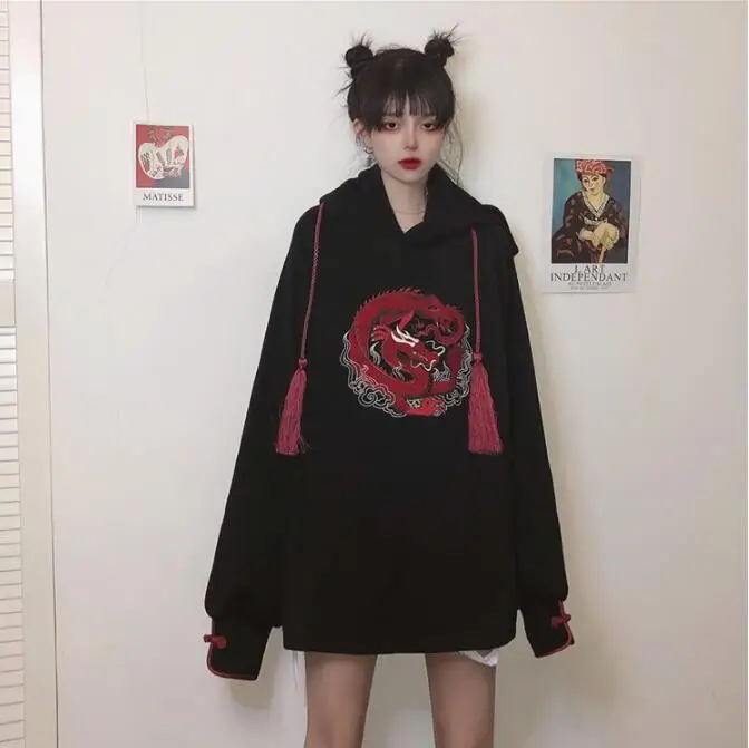 Зимний Harajuku bf стиль ретро свободный Дракон вышивка толстовка женская