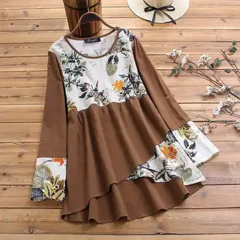 

2020 Women Spring Casual Shirts Vintage Ethnic Print Irregular Hem Shirts Patchwork Blouse Plus Size Loose Tunic Tops Blusas 7