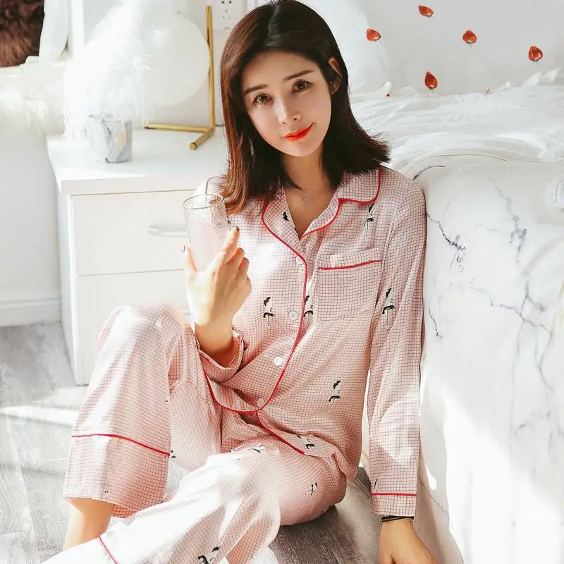 

Joe Chen Celebrity Style Pajamas Women's Spring And Autumn Top Grade Imitated Silk Fabric Set Plaid Printed Cartoon Cardigan Lon