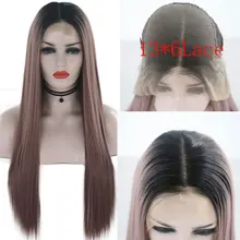 Bombshell темные корни Омбре серый розовый прямой синтетический 13*6 парик фронта шнурка Glueless мягкие термостойкие волокна волос для женщин